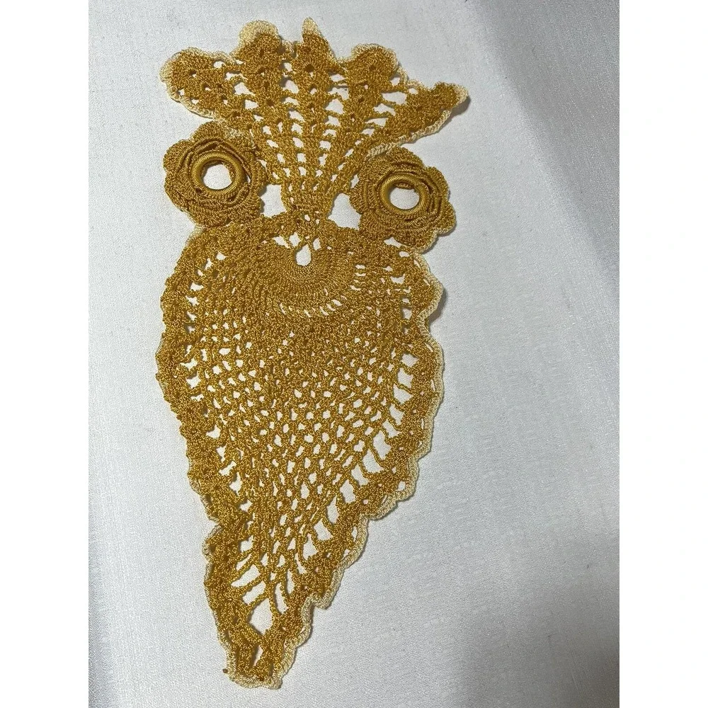 Vintage Owl Hand Crocheted Doily Cotton Gold Yellow MCM